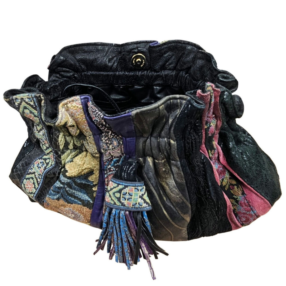 80s Black Leather Patchwork Ruched Reversible Cross Body Clutch Tassle Viva Bag